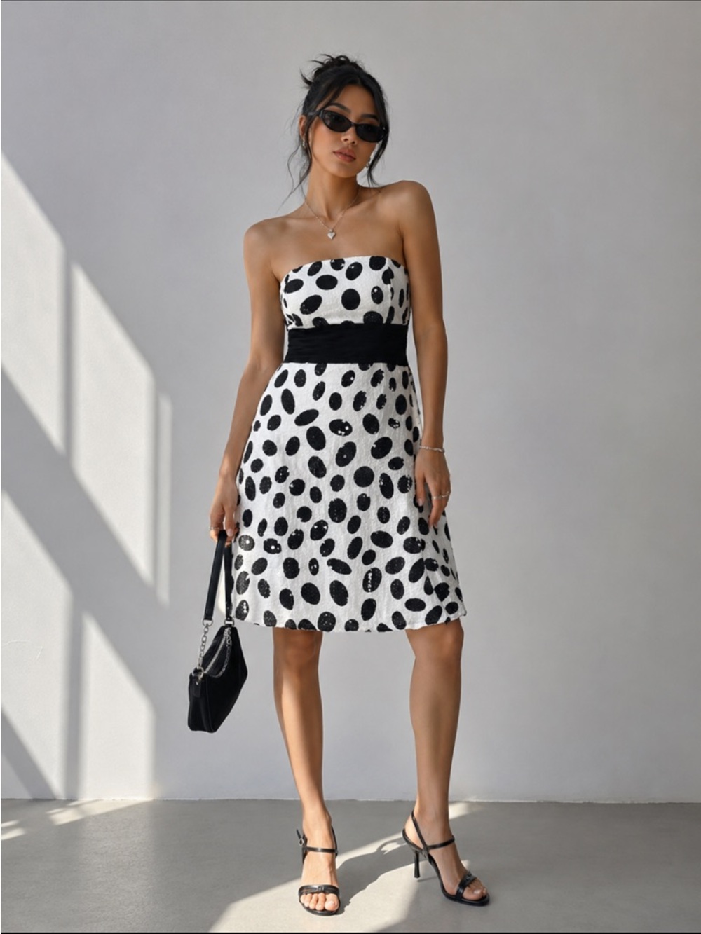 La Femme Black/White Stripe Polka Dot Sequin Mini Dress Size 4
